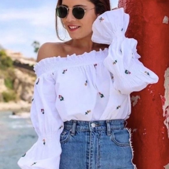Zara | Tops | Zara White Flower Embroidered Off The Shoulder Top | Poshmark